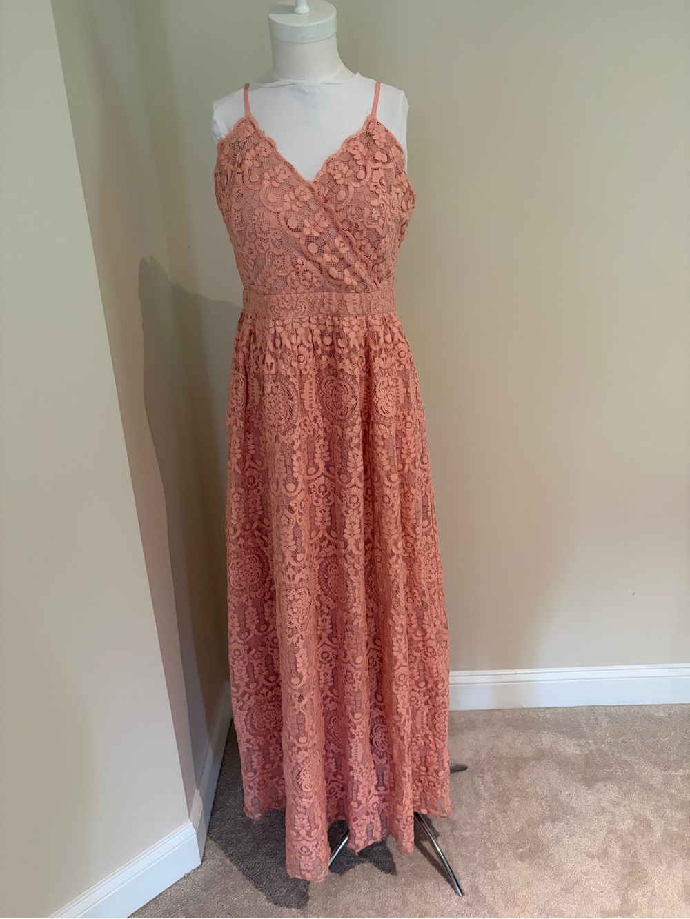 Lace Floor Length Maxi Dress with Spaghetti Straps - Dusty Coral